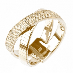 Anillo linea premium, cruzado, con piedras, amarillo