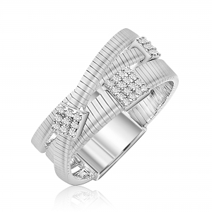 Anillo linea premium, hilo retorcido, cruzado, 3 apliques cuadrados pavee