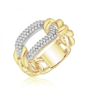 Anillo linea premium, eslabonado, con ovalo pavee en el centro, amarillo con frente blanco