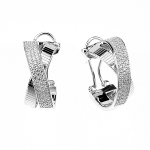 Par aros linea premium, argollas, cruzadas, hilo retorcido, y fila pavee, blanco