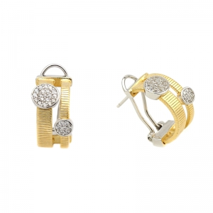 Par aros linea premium, amarillos, doble hilo retorcido, con apliques redondos pavee. Cierre perno y clip