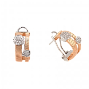 Par aros linea premium, rosados, doble hilo retorcido, con apliques redondos pavee. Cierre perno y clip