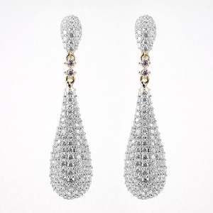 Par aros linea premium, colgantes, gota pavee, combinados, amarillos con rodio 
