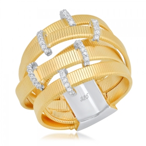 Anillo linea premium, blanco, 5 tiras anchas con trabas de piedras, amarillo