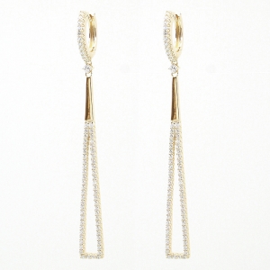Par aros linea premium, amarillos, colgantes, tipo triangulo, con piedras blancas