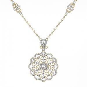 Conjunto linea Premium, Colgante flor calada, amarillo con rodio blanco