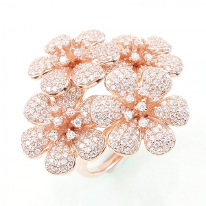 Anillo linea premium, cuatro flores, pavee, rosado
