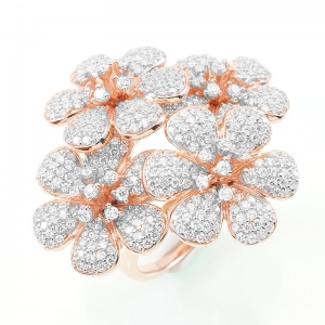 Anillo linea premium, cuatro flores, pavee, rosado con rodio blanco