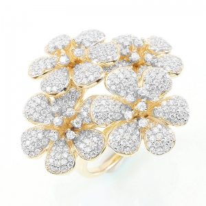 Anillo linea premium, cuatro flores, pavee, amarillo con rodio blanco