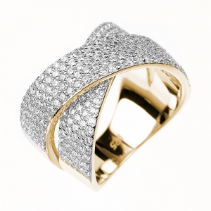 Anillo linea premium, cruzado, pavee , amarillo con rodio blanco