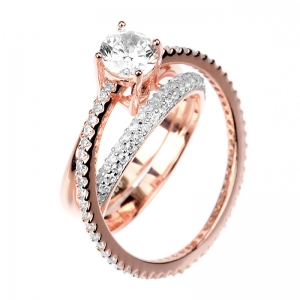 Anillo premium, tipo solitario, triple, de piedras blancas, con movimiento, rosado con rodio blanco