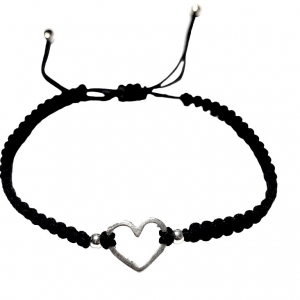 Pulsera corazon, tiento negro, bolitas, ajustable