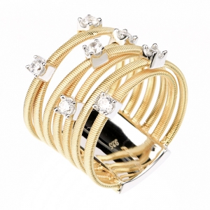 Anillo 7 tiras hilo retorcido amarillo, cruzado, con piedras