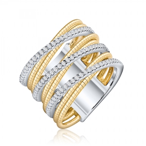 Anillo linea premium, hilo retorcido con tiras cruzadas de piedras