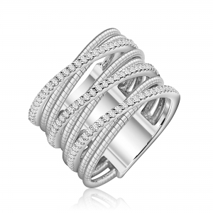 Anillo linea premium, hilo retorcido con tiras cruzadas de piedras