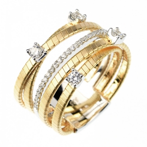 Anillo linea premium, hilo retorcido amarillo, con tira de piedra y 4 piedras con grifas