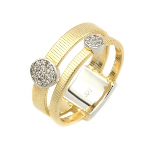 Anillo linea premium, doble, hilo retorcido y dos apliques redondos pavee, amarillo