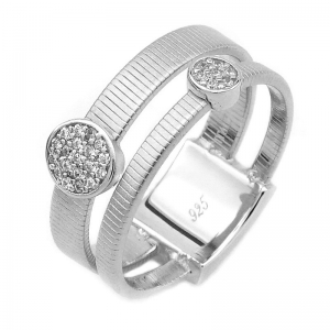 Anillo linea premium, doble, hilo retorcido y dos apliques redondos pavee, blanco