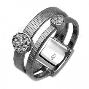 Anillo linea premium, doble, hilo retorcido y dos apliques redondos pavee, rodio negro