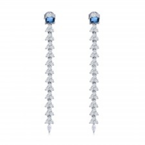 Par aros linea premium, largos, piedra baguette azul y piedras blancas