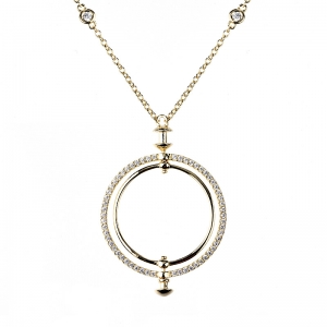Conjunto Linea Premium, doble circulo, piedras blancas, con movimiento, piedras en la cadena, color Amarillo