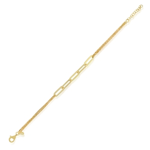 Pulsera doble cadenita con eslabones alargado en el centro, sin piedra, amarilla