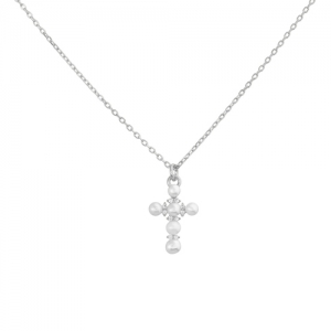 Conjunto cruz de perlas y piedras blancas