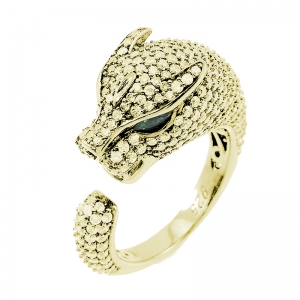 Anillo linea premium, pantera, pavee, abierta, amarillo , piedras verdes en los ojos