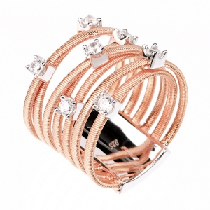 Anillo 7 tiras hilo retorcido rosado cruzado, con piedras