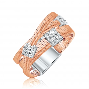 Anillo linea premium, hilo retorcido, apliques cuadrados pavee, rosado