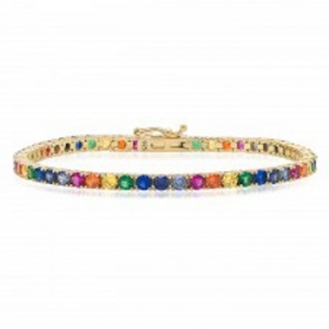 Pulsera tenis piedras redondas multicolor, cierre cajon, amarilla. Piedras aprox 3 mm