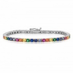 Pulsera tenis piedras redondas multicolor, cierre cajon, blanca. Piedras aprox 3 mm