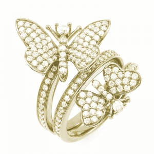 Anillo triple, con dos mariposas, pavee, amarillo
