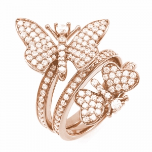 Anillo triple, con dos mariposas, pavee, rosado