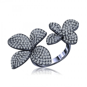 Anillo linea premium, flor doble, abierto pavee, rodio negro, chico