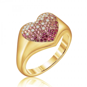 Anillo corazon amarillo con piedras blancas y rosadas