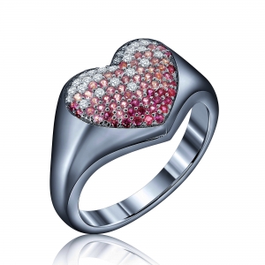 Anillo corazon, rodio negro, con piedras rosadas y blancas