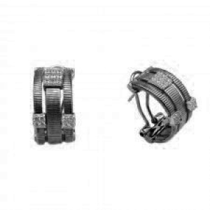 Par aros tres tiras hilo retorcido rodio negro con apliques cuadrados de piedras blancas