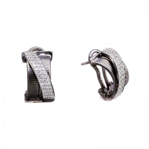 Par aros linea premium, doble, satinado, con tira pave cruzada, rodio negro