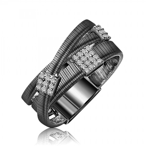 Anillo linea premium, hilo retorcido, cruzado, 3 apliques cuadrados pavee, rodio negro
