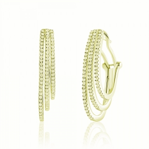 Par aros linea premium, argollas, triple, con piedras, pasante y clip, amarillos