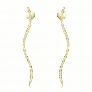 Par aros ondeados, amarillos, con piedras, largo aprox 5 cm