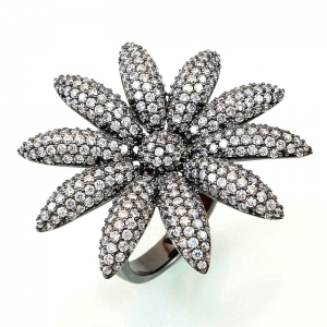 Anillo linea Premium, flor grande pavee, rodio negro