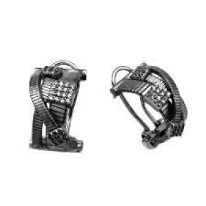 Par aros linea premium ,triple hilo retorcido rodio negro, con apliques cuadrados pavee. Cierre perno y clip