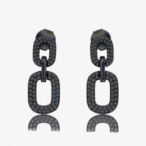Par aros colgantes doble oval pavee, rodio negro y piedras negras. Largo aprox 2,5 cm