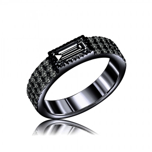 Anillo con piedra central baguette y pavee en sus costados, rodio negro y piedras negras