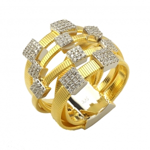 Anillo 5 tiras anchas con apliques cuadrados pavee, amarillo