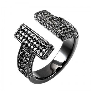 Anillo doble T pavee, rodio negro, piedras negras