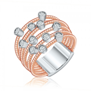 Anillo multi hilos con piedras con virolas, rosado.