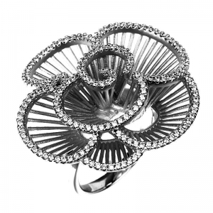 Anillo linea premium, flor, calada, satinada, con piedras, rodio negro